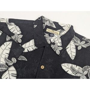 Mens XL Tommy Bahama Shirt Black White Silk Hawaiian Leaf Print Tropical Cruise